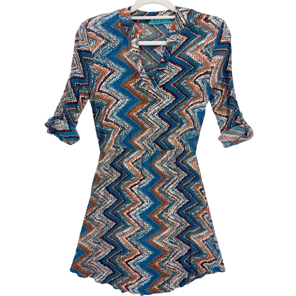 Turquoise Haven Blue Chevron Zig Zag Faux Tab Sleeve Dress S